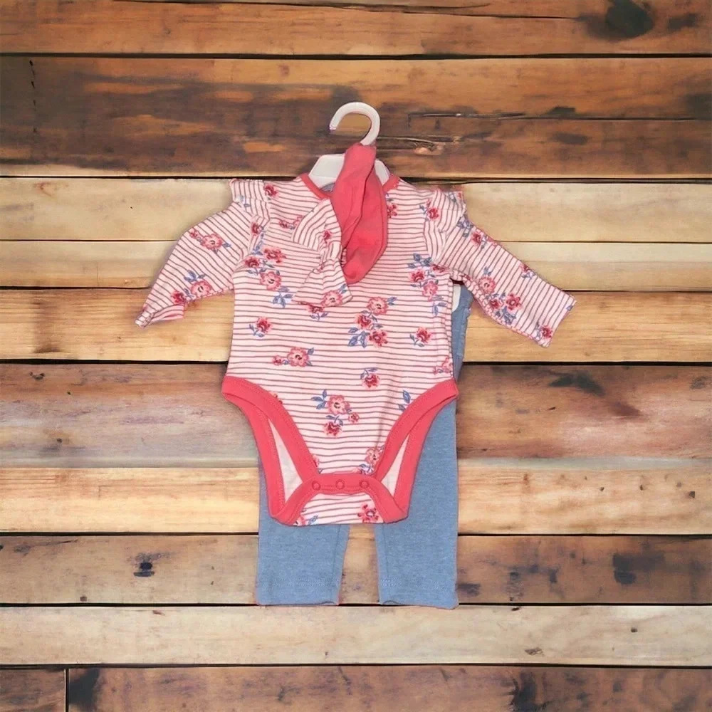 Little Me | Pink & White Floral Ruffle Long-Sleeve Bodysuit Set - 3m
